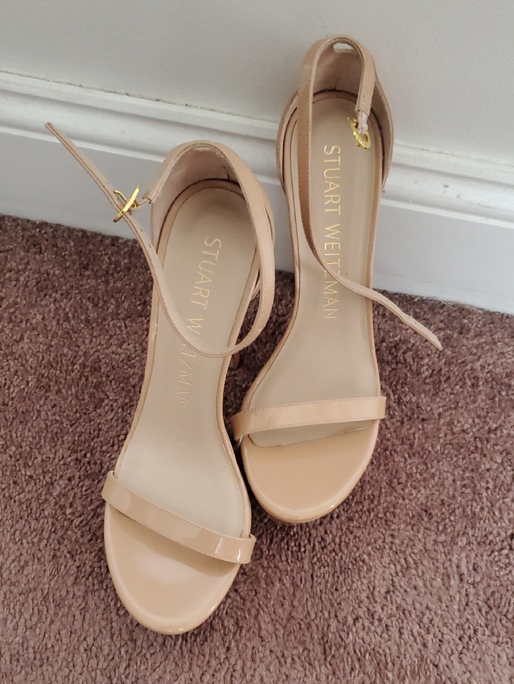 Stuart Weitzman Beige Patent Ankle-Strap Heels